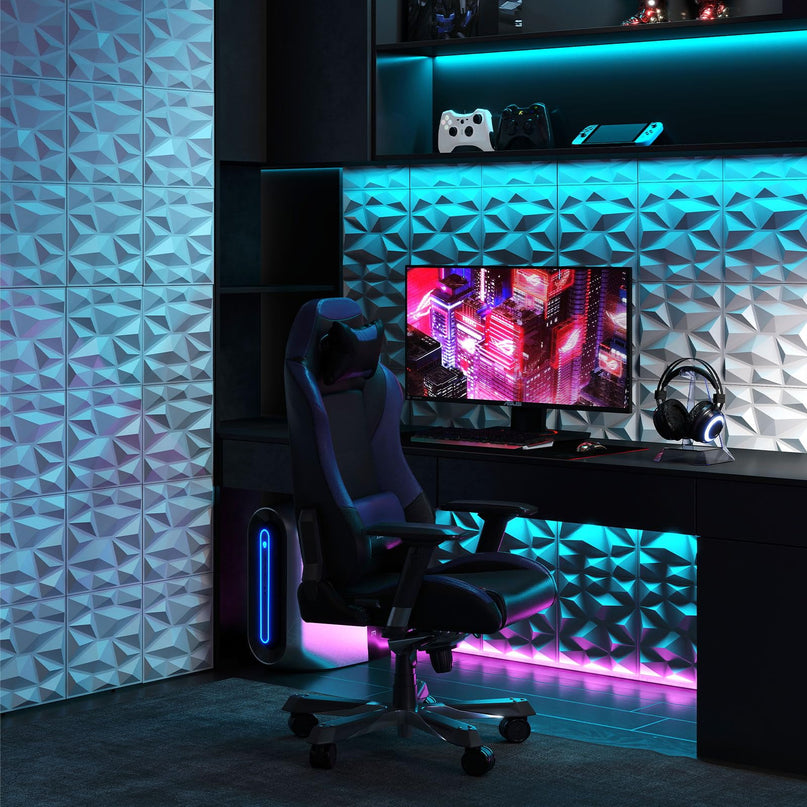 Giantex 12"x12" White PVC Decorative Wall Tiles with Diamond Pattern | 50/100 Pack 3D Wall Panels