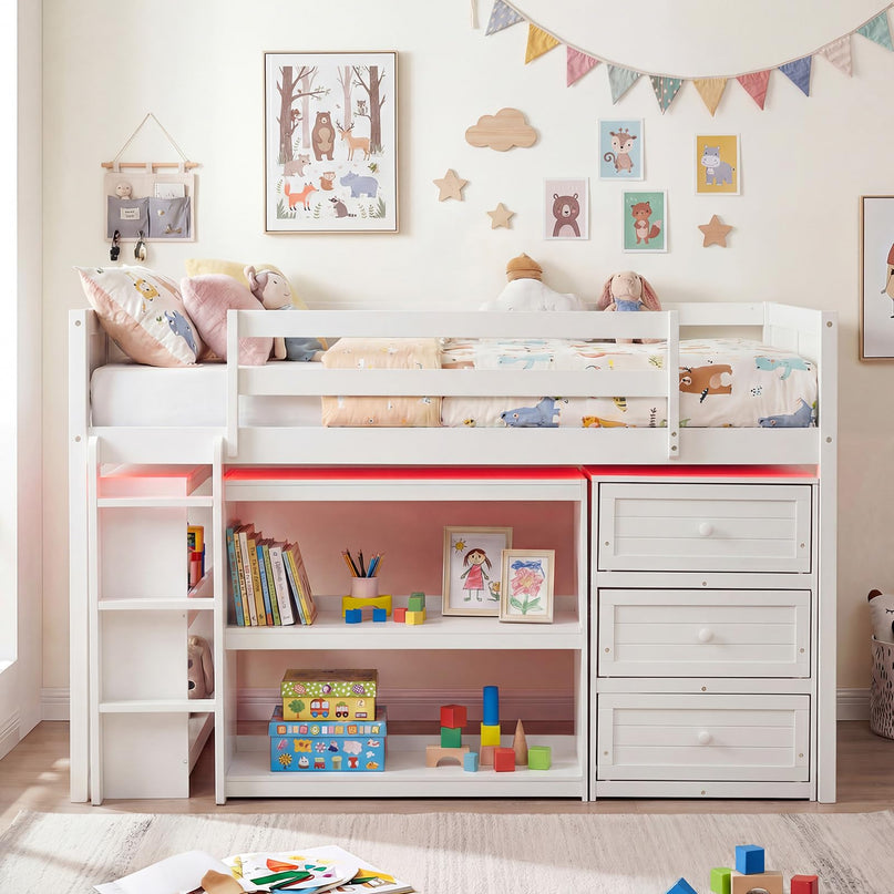 Giantex Loft Bed Twin Size with LED Lights for Boys Girls