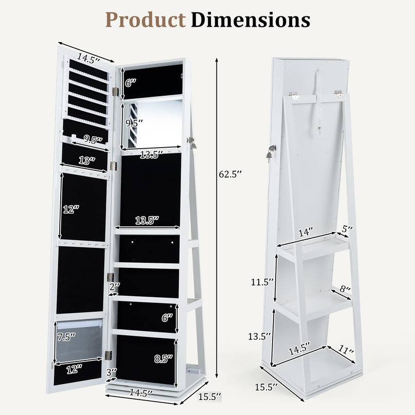 CHARMAID Lockable Standing Swivel Jewelry Armoire with Full Length Mirror