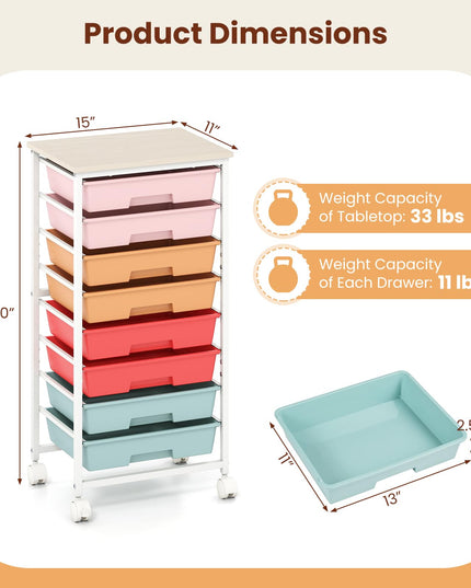 Giantex 8 Drawers Rolling Cart with Wheels Wood Top Sturdy Frame