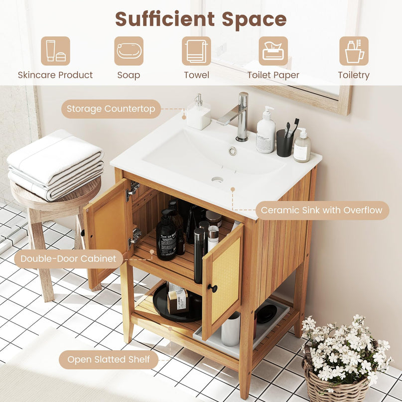 Giantex Bathroom Vanity with Sink Solid Acacia Wood Modern Vanity Sink Cabinet
