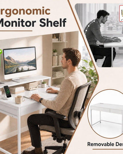 GIANTEX Computer Office Desk with Power Outlets & Removable Monitor Shelf