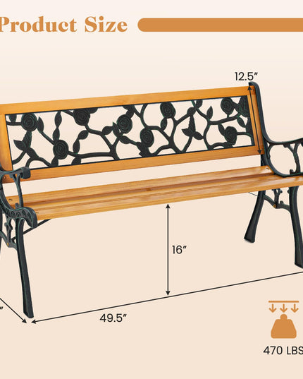 Giantex Outdoor Bench, 3-Person Park Bench with Slatted Seat, Curved Armrests, Floral Pattern Backrest