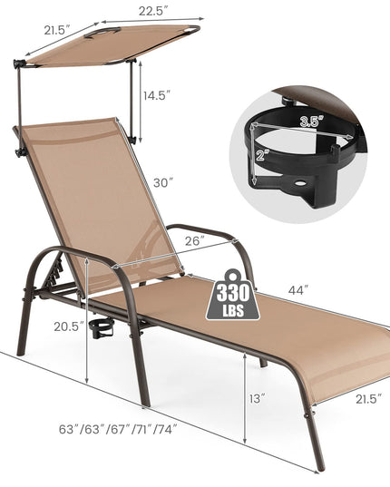 Giantex Patio Chaise Lounge Chair - Outdoor Beach Chair with Adjustable Canopy, Metal Frame Sunbathing Lounger for Outside