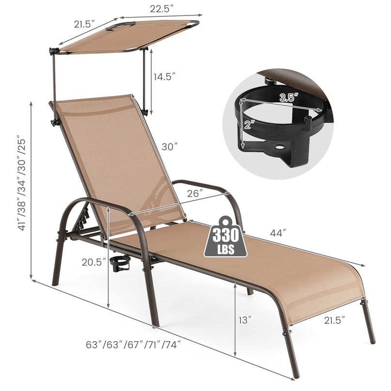 Giantex Patio Chaise Lounge Chair - Outdoor Beach Chair with Adjustable Canopy, Metal Frame Sunbathing Lounger for Outside