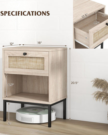 Giantex Rattan Nightstand with Drawer, Boho Side Table with 4 Metal Legs and Open Storage Shelf