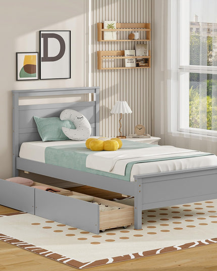 Giantex Wood Twin Bed with 2 Storage Drawers, Solid Wood Platform Bed with Headboard