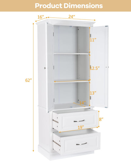 Giantex Kitchen Pantry Cabinet - 62” Floor Storage Cabinet with 2 Large Drawers(White)