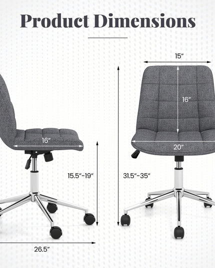 Giantex Armless Office Chair, Linen Fabric Vanity Chair with Wheels & Adjustable Height, 360° Rolling Swivel Task Computer Chair