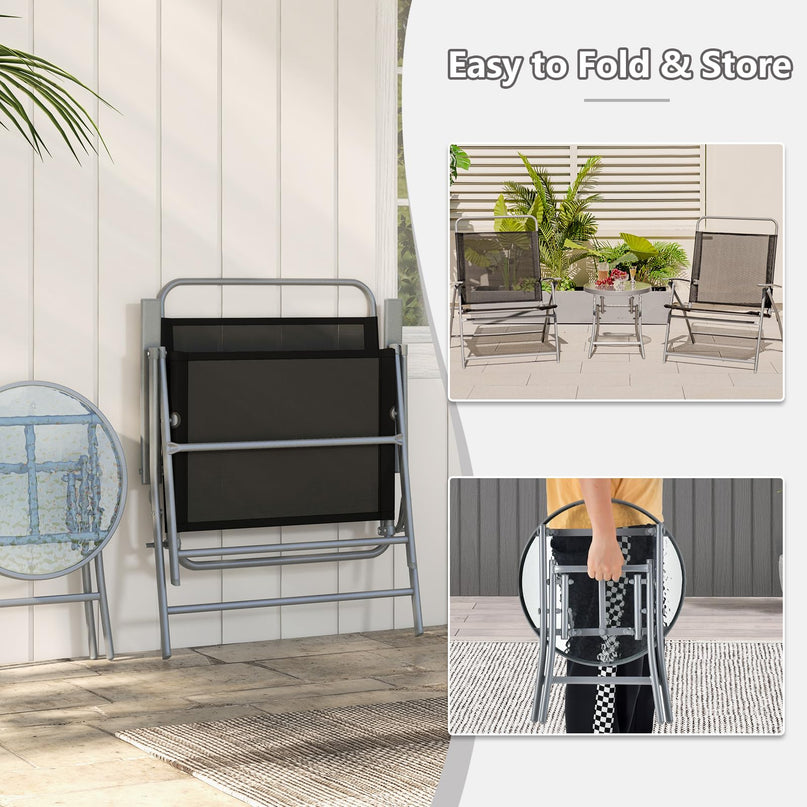 Giantex 3PCS Patio Bistro Set, Folding Outdoor Patio Table Set with 2 Foldable Chairs, 1 Ripple-Like Glass Table