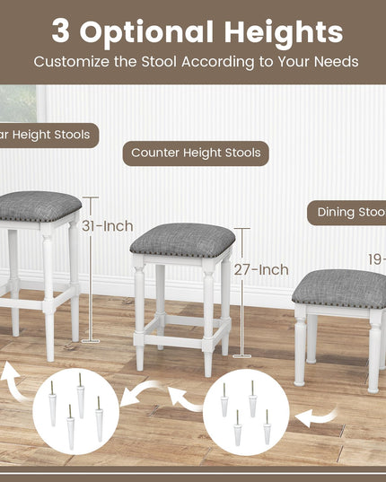 Giantex Bar Stools Set of 2, 3-Height Adjustable 19"/27"/31" Wood Barstools with Padded Seat