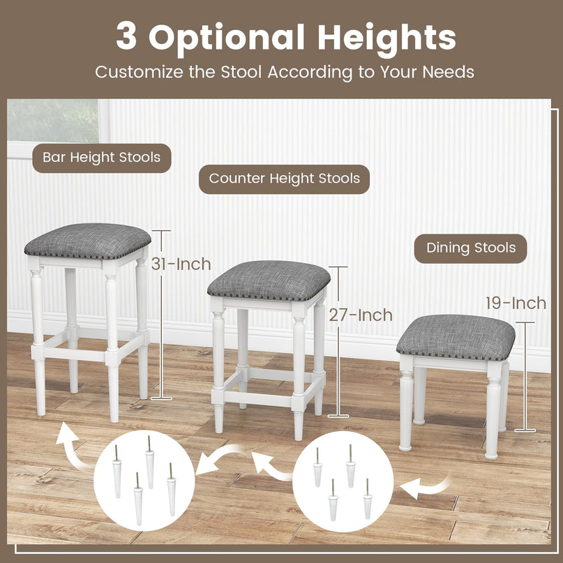 Giantex Bar Stools Set of 2, 3-Height Adjustable 19"/27"/31" Wood Barstools with Padded Seat