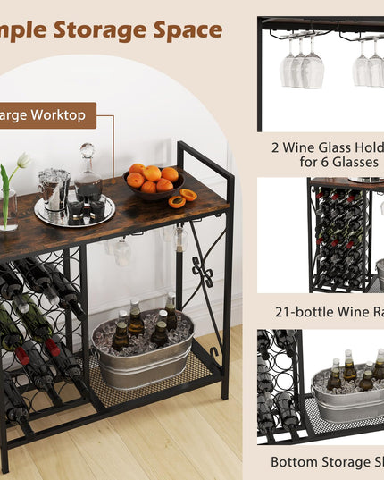 Giantex 21-Bottle Wine Rack Freestanding Floor, Wine Bar Table with 6-Glass Wine Glass Holder
