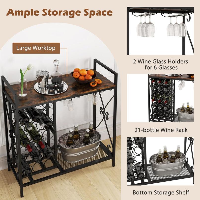 Giantex 21-Bottle Wine Rack Freestanding Floor, Wine Bar Table with 6-Glass Wine Glass Holder