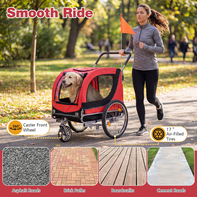 Giantex 2-in-1 Dog Bike Trailer & Pet Stroller for Large Dogs – Foldable Pet Carrier Cart with Front Caster & 2 Air-Filled Tires