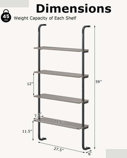 Giantex 4-Tier Industrial Bookshelf, Wall Mounted Pipe Shelving Unit, Floating Shelves with Metal Frame