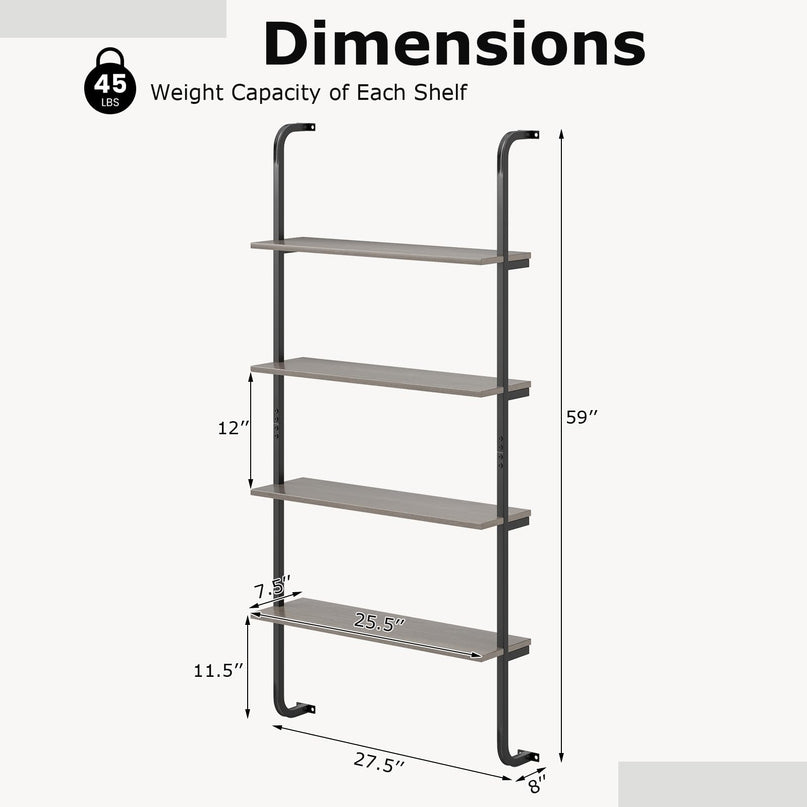 Giantex 4-Tier Industrial Bookshelf, Wall Mounted Pipe Shelving Unit, Floating Shelves with Metal Frame