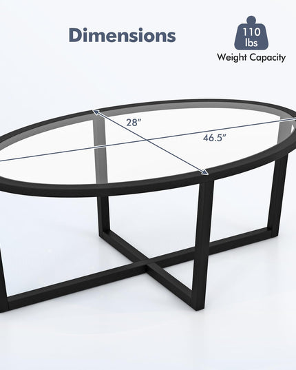 Giantex Glass Coffee Table, 46.5" Oval Accent Sofa Tea Table with Tempered Glass Top, Cross Base & Acacia Wood Legs