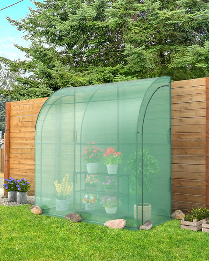 Giantex Walk-in Lean-to Greenhouse - with 3-Tier Plant Stand, 7’x 3.5’x 7’ Green House, PE Grid Cover