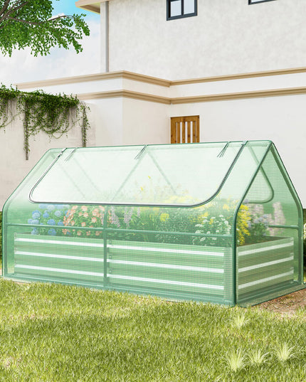 Giantex Galvanized Steel Raised Garden Bed with Mini Greenhouse, Outdoor Metal Planter Box Kit with Large Roll-up Cover