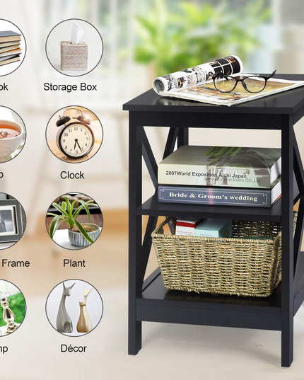 Nightstand 3-Tier X-Design W/Storage Shelves and Stable Structure Storage Organizer Display Sofa Side Table