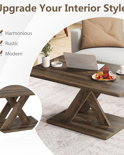 Giantex 37.5 Inch Wood Farmhouse Coffee Table with Stable Base & Rubber Wood Connection