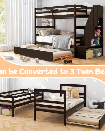 Giantex Twin Over Twin Bunk Bed with Trundle and Storage Stairs, Solid Wood Bunk Bed Convertible 3 Bed Frames for Bedroom
