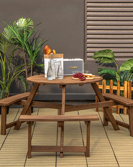Giantex Wooden Picnic Table for 6 Person, Round Outdoor Table with 3 Benches, Umbrella Hole