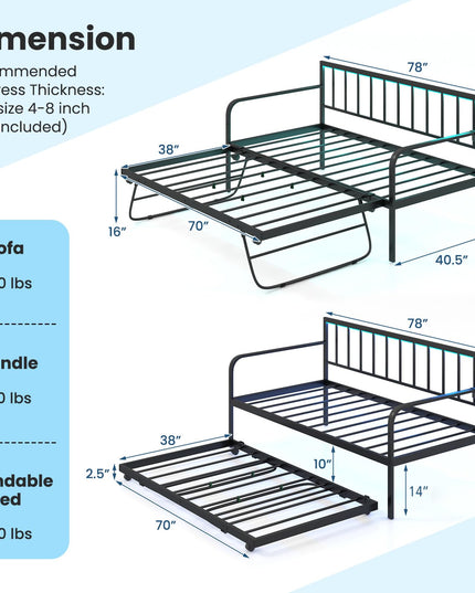 Giantex Twin Daybed with Trundle, Metal Day Bed with Charging Station & LED Lights