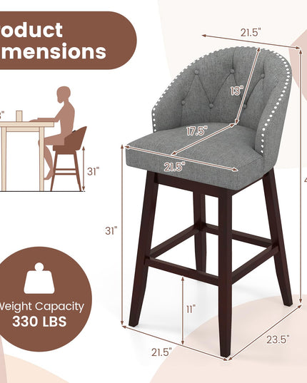 Giantex Modern Upholstered Bar Stools Set of 2/4, 31" Bar Height Swivel Kitchen Stools w/Button-Tufted Back