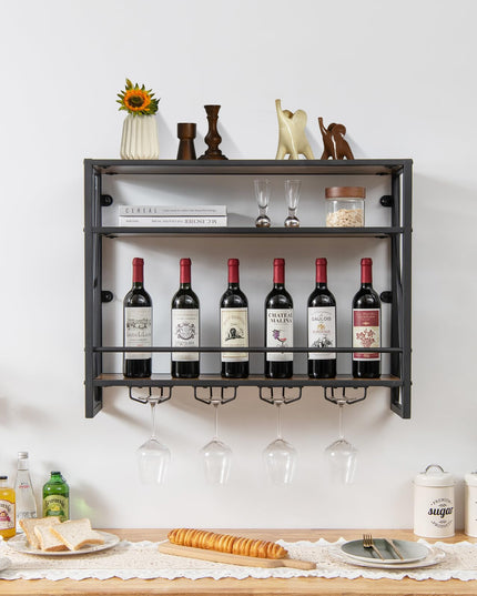 Giantex Industrial Wall-Mounted Wine Rack, 3 Tiers Metal Hanging Wine Shelf with Glass Holder