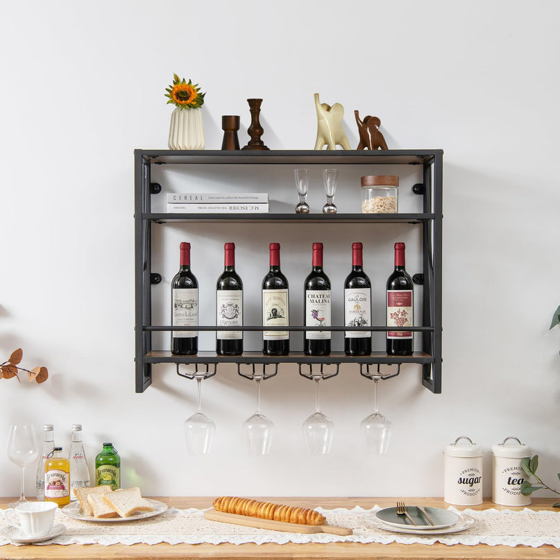 Giantex Industrial Wall-Mounted Wine Rack, 3 Tiers Metal Hanging Wine Shelf with Glass Holder