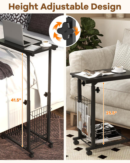 Giantex C Shaped End Table with Wheels, Height Adjustable Mobile Couch Snack Side Table with Storage Shelf