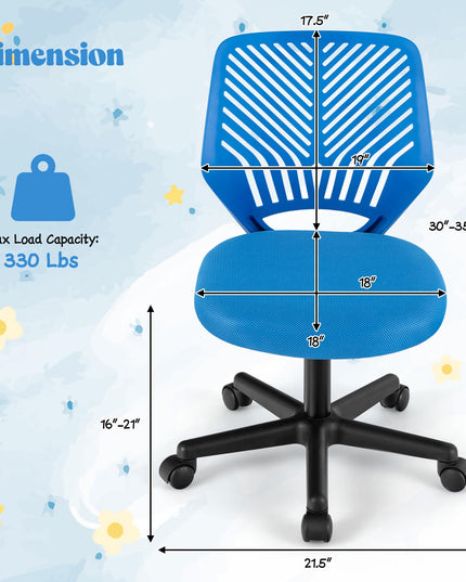 Giantex Kids Desk Chair, Armless Kids Computer Chair with Lumbar Support, Mesh Adjustable Swivel Study Chair with Wheels