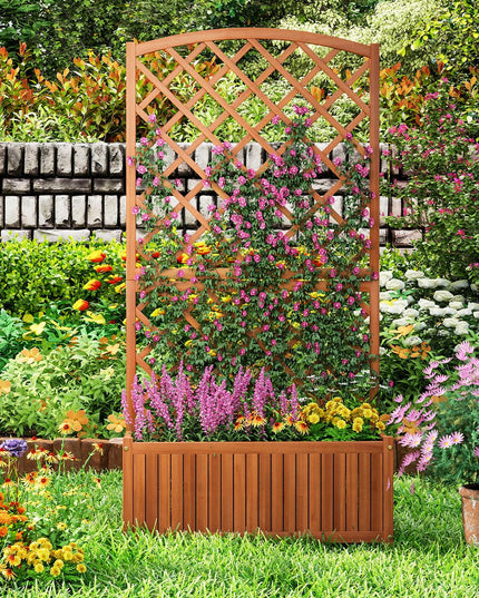 Giantex Solid Acacia Wood Planter Box with Trellis 63" Raised Garden Bed