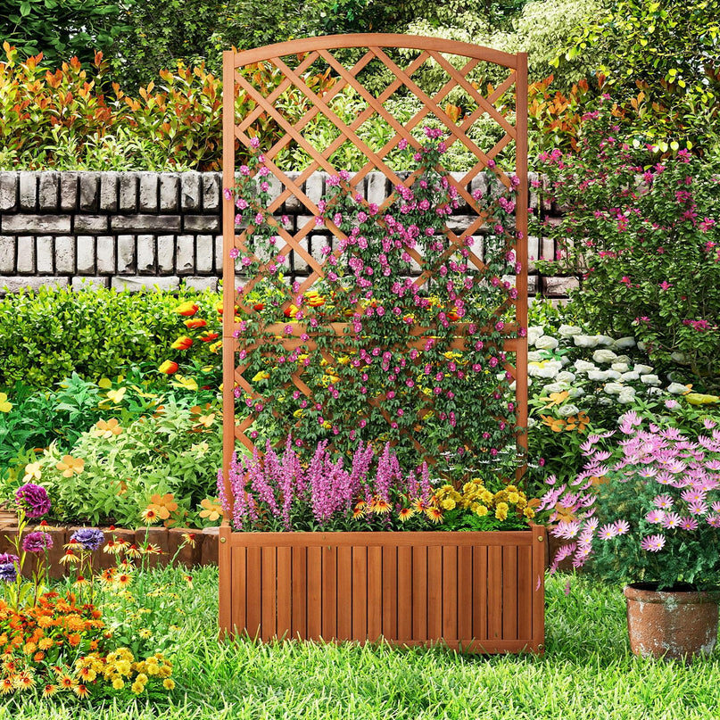 Giantex Solid Acacia Wood Planter Box with Trellis 63" Raised Garden Bed