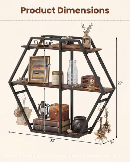 GIANTEX Industrial Hexagon Wall Shelf with 3-Tier Storage Shelves & 4 Hooks