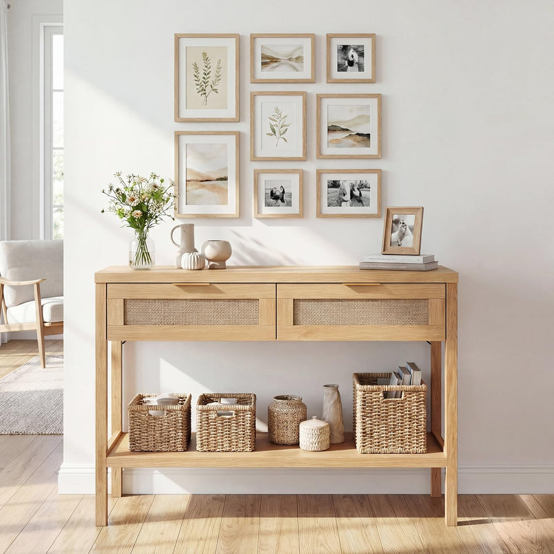 Giantex Table console en rotin de 101,6 cm avec 2 tiroirs et étagère, 2 kits anti-basculement