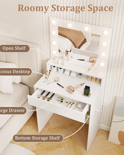 CHARMAID Vanity Desk with Mirror and Lights for Small Bedroom Narrow Space