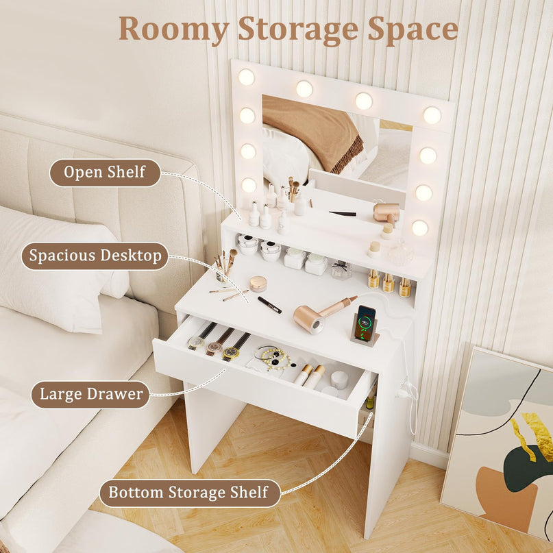 CHARMAID Vanity Desk with Mirror and Lights for Small Bedroom Narrow Space