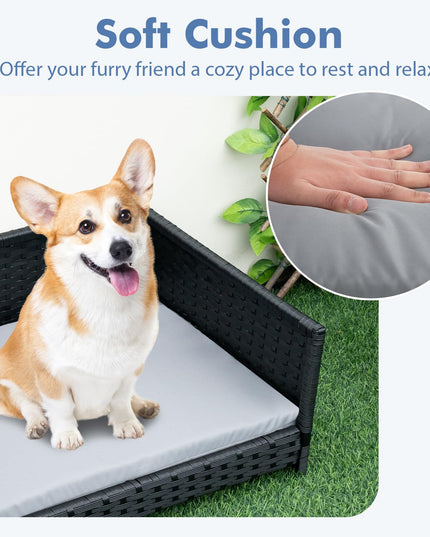 Giantex Wicker Dog Bed, Raised Woven Rattan Pet Bed Sofa Couch w/Waterproof & Washable Cushion