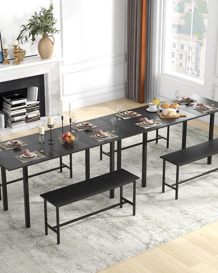 Giantex Dining Room Table Set for 4-6, 3 Piece Dining Table Set, 63” Extendable Dining Table with 2 Benches