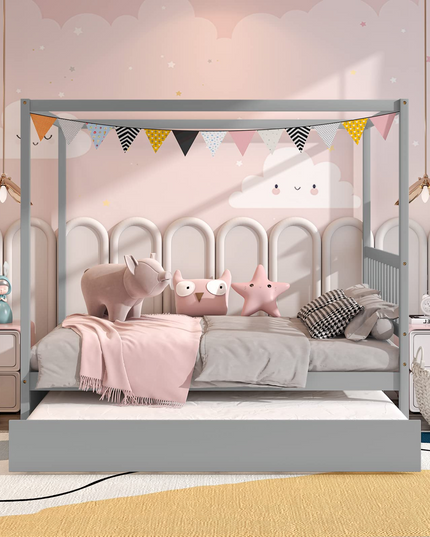 Giantex Canopy Bed w/ Trundle, Full Size Kids Solid Wood Platform Bed Frame