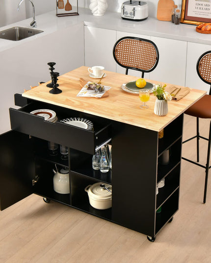 Giantex Kitchen Island Cart Drop-Leaf Countertop, Rubber Wood Breakfast Dining Table w/Large Drawer
