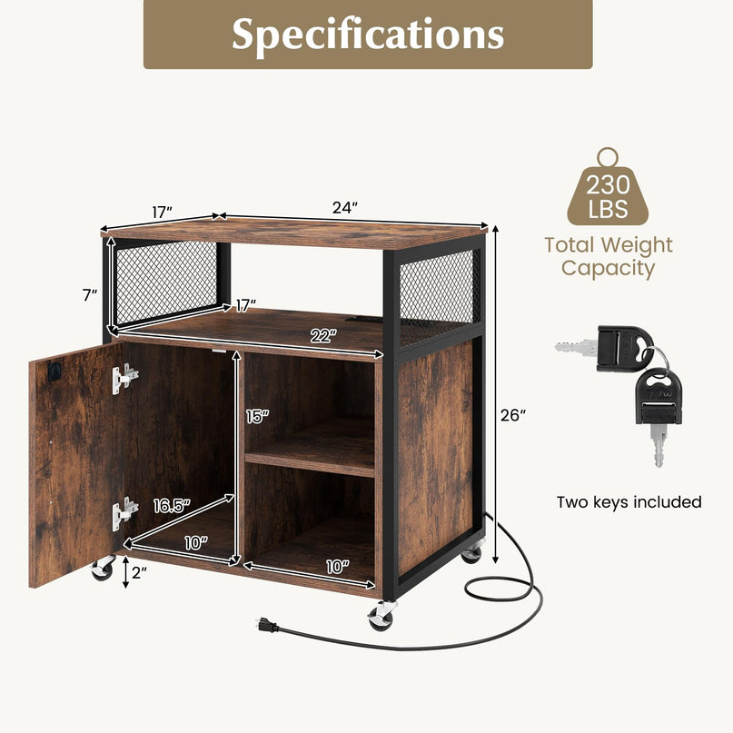 Giantex File Cabinet, Lateral Filing Cabinet with Lock, Wheels, Charging Station, Cable Hole, Lockable Side Cabinet