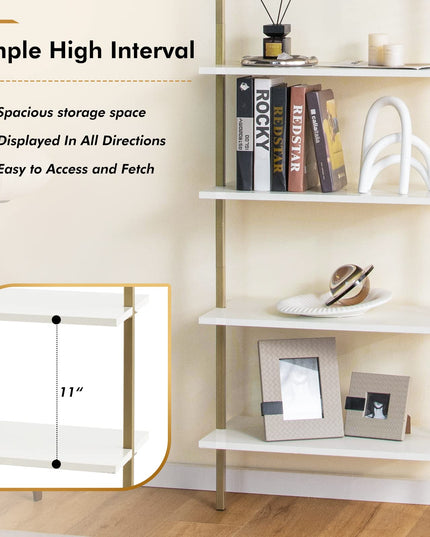Giantex 5 Tier Modern Wall Mounted Bookshelf, 71'' White and Gold Wood Bookcase with Steel Frame
