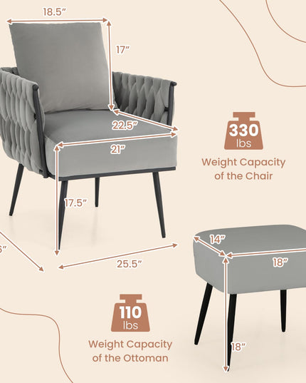 Giantex Velvet Accent Chair with Ottoman, Modern Comfy Arm Chair w/Solid Metal Frame, Pillow