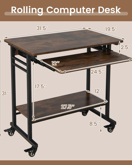 Giantex Mobile Computer Desk, Rolling Writing Desk with Keyboard Tray, Shelf & 3 Hanging Hooks, Rustic Brown & Black