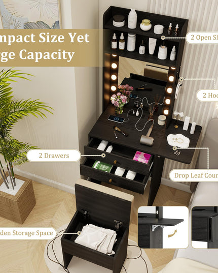 CHARMAID Small Vanity Desk with Mirror and Lights, Makeup Vanity Table with Charging Station, Drawers, Shelves, Foldable Side Table
