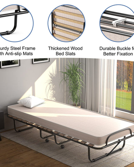 Giantex Folding Bed with Mattress for Adults, 75" x 32" Rollaway Guest Beds w/ 3 Inch Foam Mattress & Sturdy Metal Frame